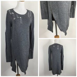 PAM & GELA Gray Wool Cashmere Knit Blend Distressed Asym Zip Hem Sweater Dress